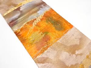 遠山に寺塔模様織り出し　袋帯